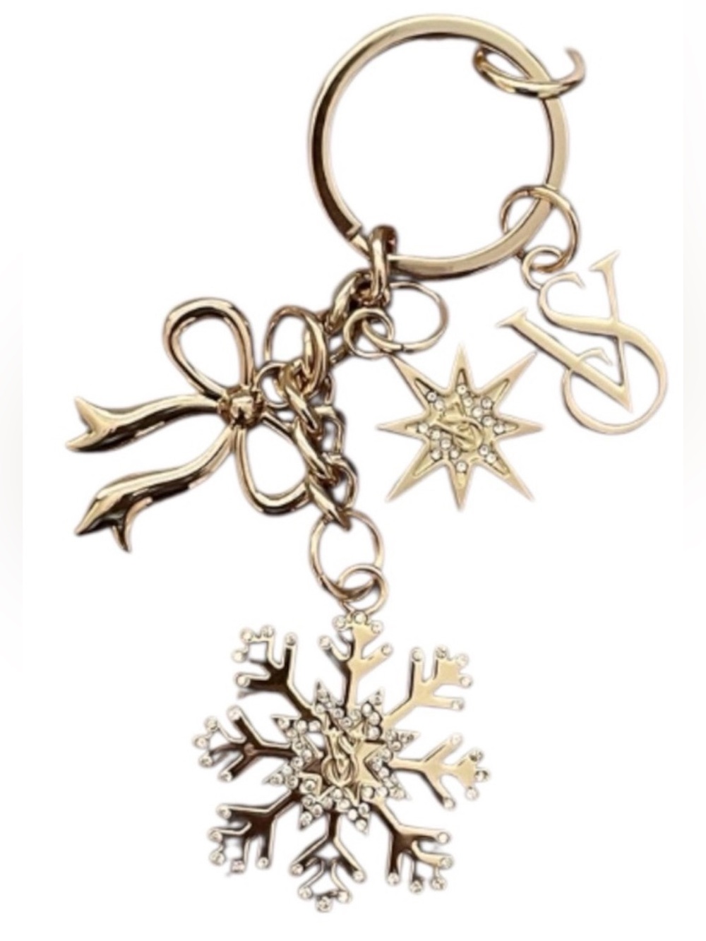 Victoria's Secret Gold Snowflake & Bow Keyring with Star and VS Logo